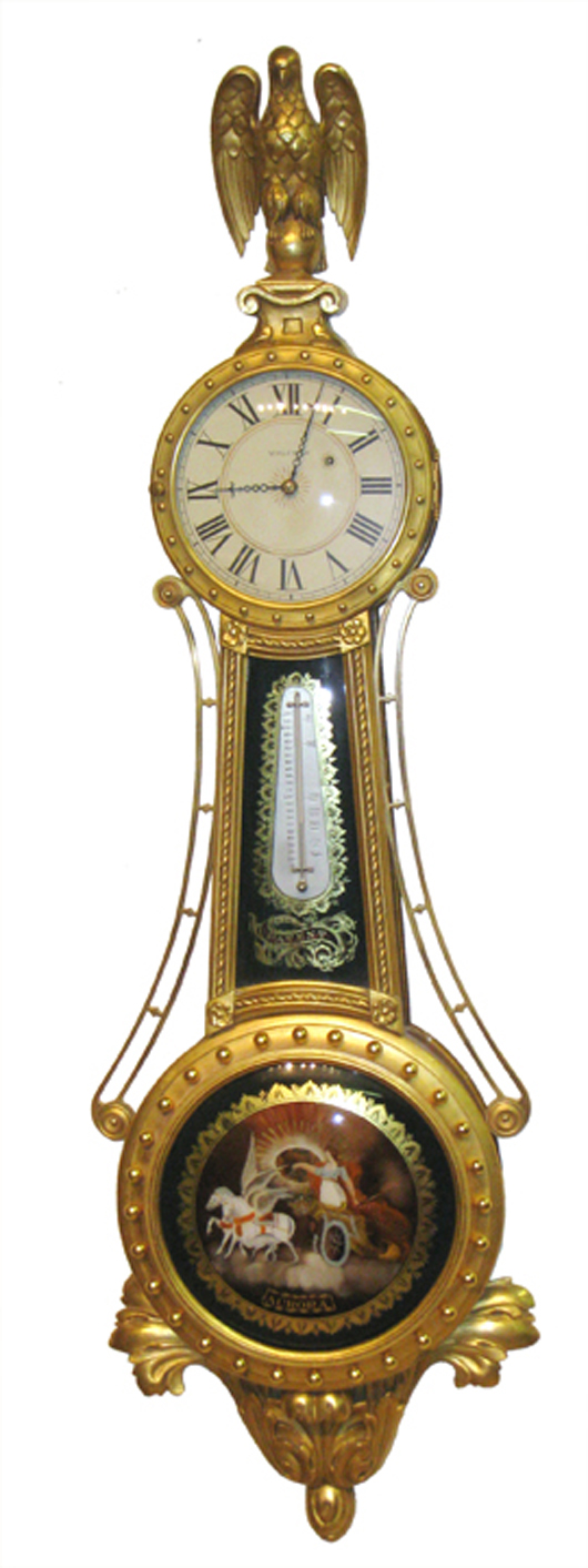 The top lot of the sale was this Waltham girandole (ornate banjo) clock, serial  No. 1, which sold for $17,255. Image courtesy of Gordon S. Converse & Co.   